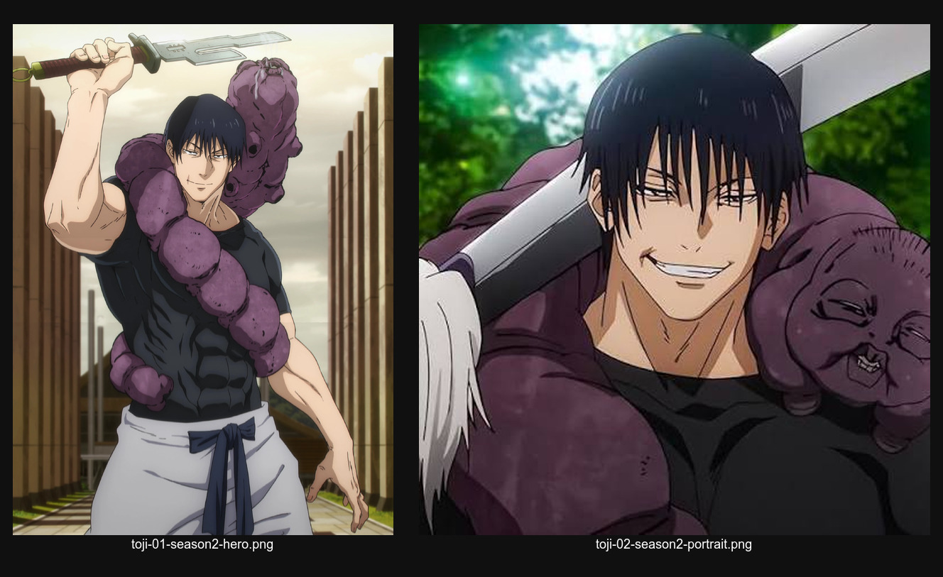 Toji Season 2 character and cursed-tool reference board