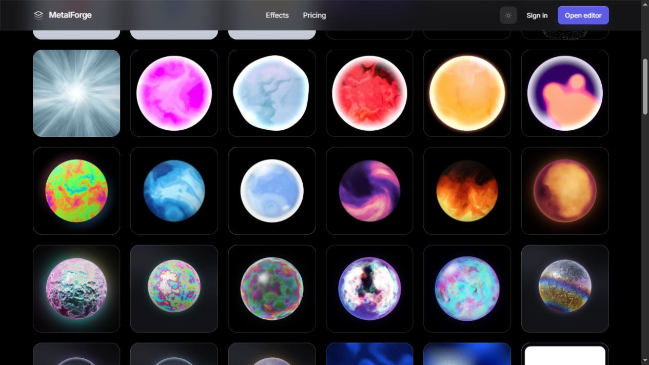 Metal Forge effects grid showing many distinct colorful shader and material studies